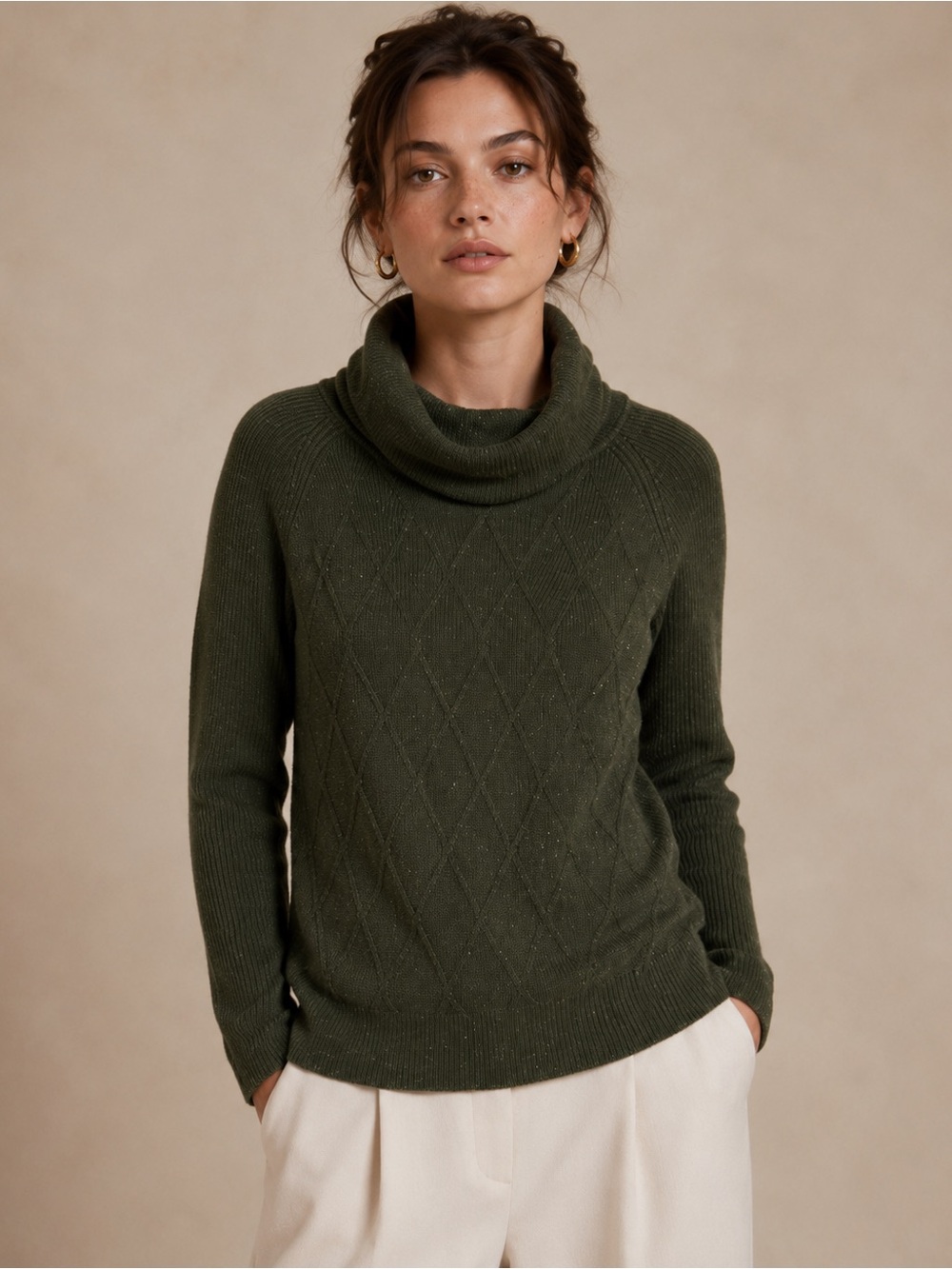 Talbots Olive Green Speckled Cowl Neck Diamond-Knit Sweater Size Small